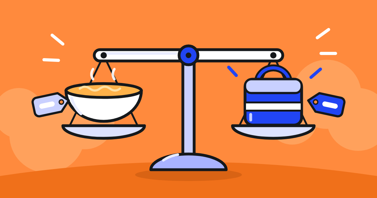 A level scale with a dine-in bowl and its price tag on one side and a delivery bag and its tag on the other: GrabFood markup against dine-in prices