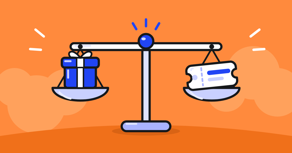 A scale weighing a gift box against a discount coupon: choosing between a free item and a discount as a GrabFood promotion