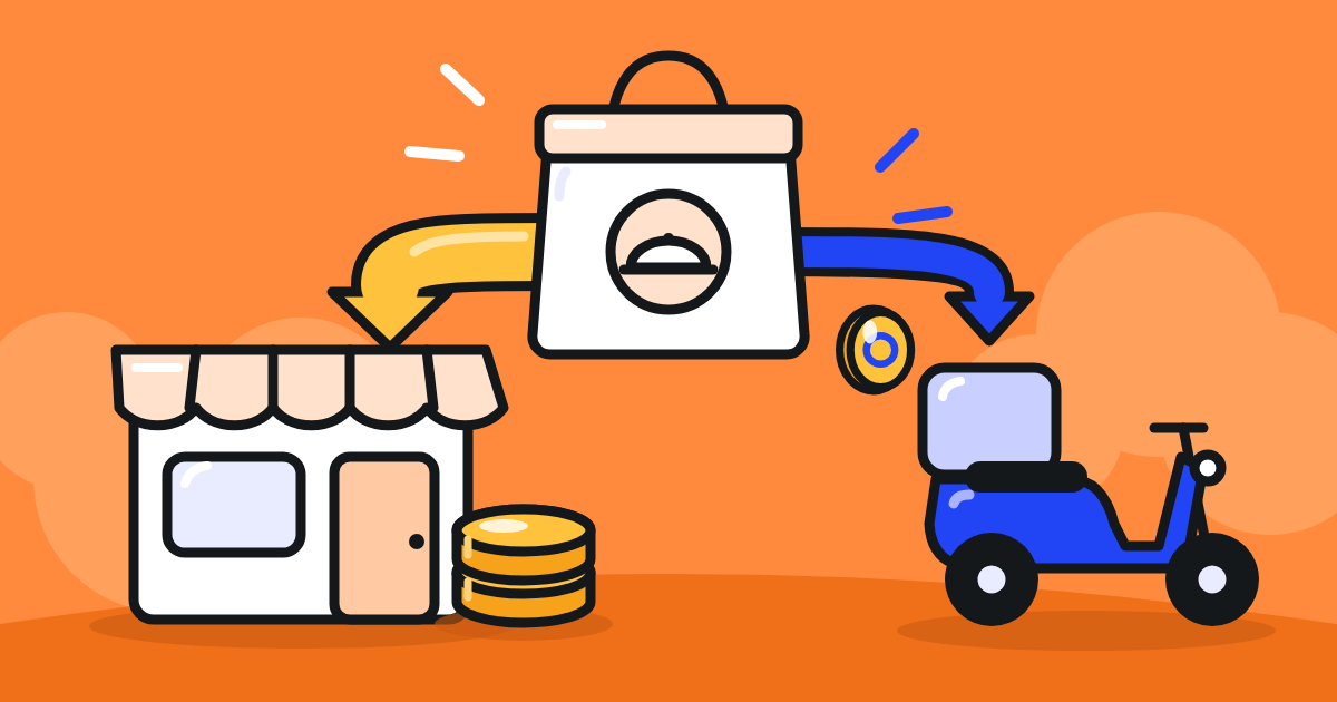 A takeaway order splitting in two, the larger share to the restaurant's shop and the GrabFood commission share to a delivery scooter