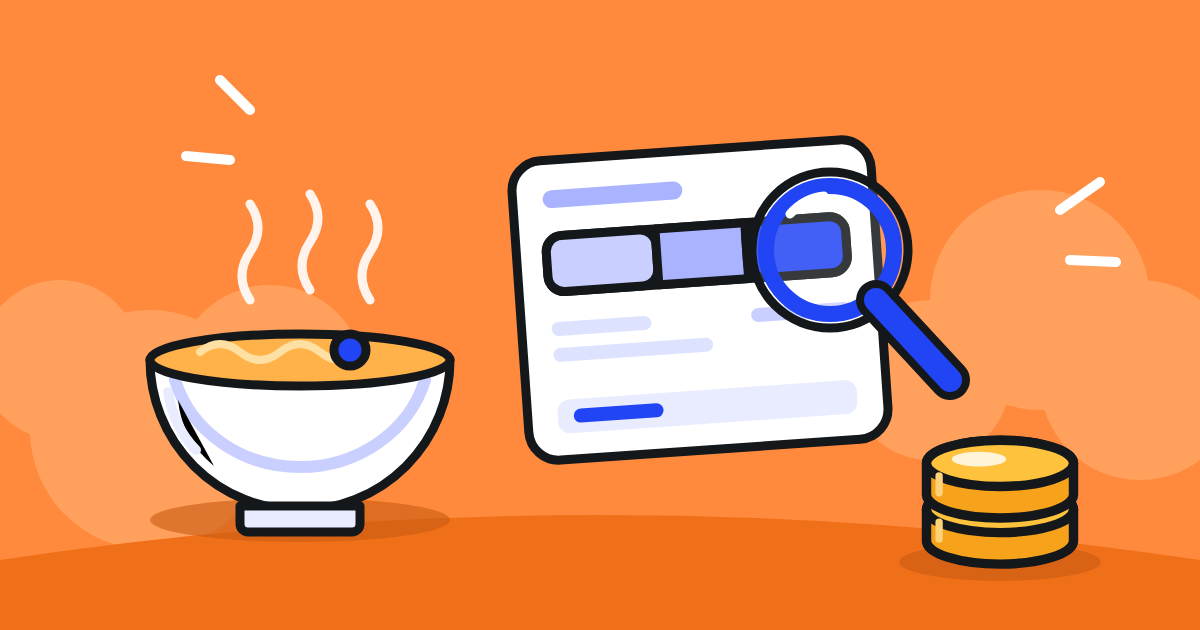 A bowl of food beside a receipt whose price is split into parts, the part that stays under a magnifier: the margin of each dish