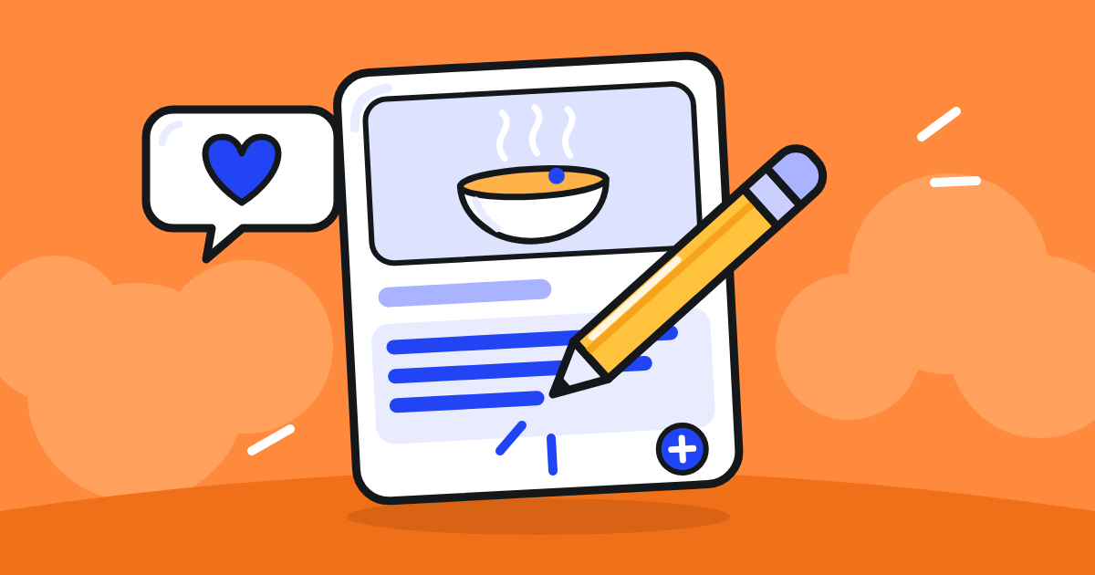 A dish card whose description is being written with a pencil, and a heart in a speech bubble: menu descriptions that make people order on GrabFood